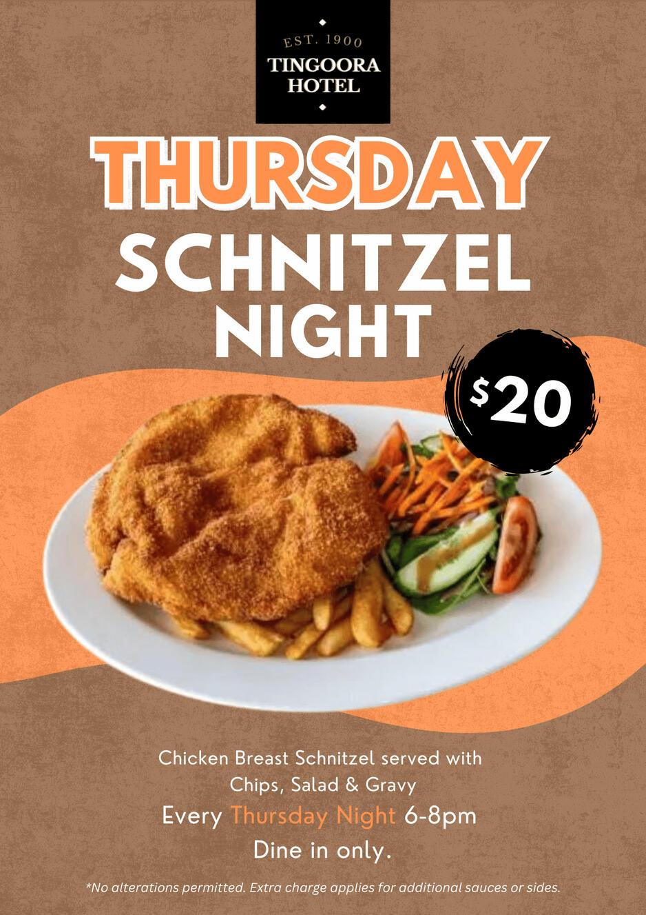 $20 Schnitzel Night at Tingoora Hotel – Choice of chicken breast schnitzel served with chips, salad, and gravy, every Thursday night from 6-8 PM. Dine-in only